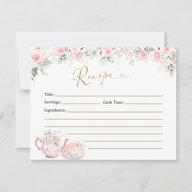Rosa Blommigt Möhippa Tea Party Recept Card Inbjudningar (Framsida)