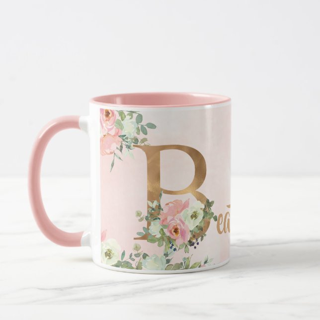 Rosa blommigt monogram B vattenfärg med Namn Mugg (Vänster)