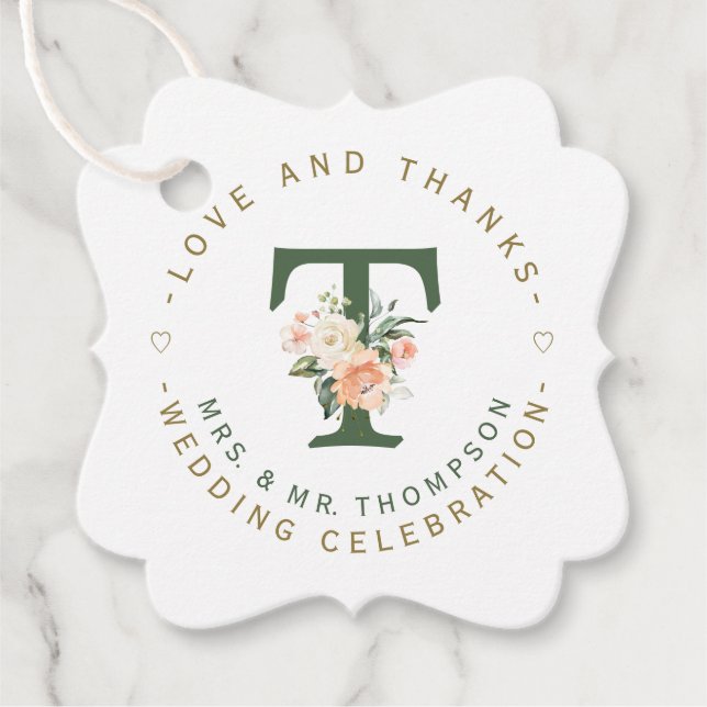 Rosa  Blommigt Monogram Circular Bröllop Gåvor Etiketter (Framsida)