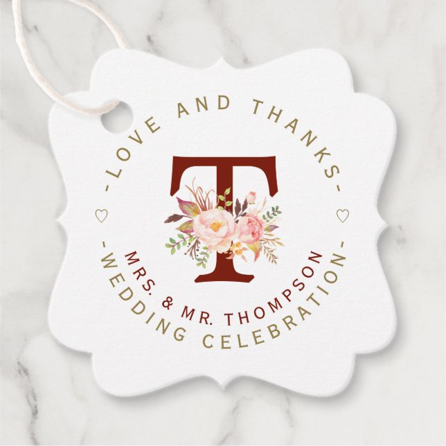 Rosa  Blommigt Monogram Circular Bröllop Gåvor Etiketter (Framsida)