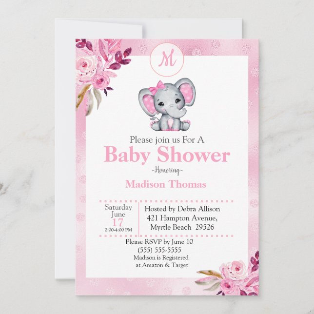 Rosa Blommigt Monogram Elephant Baby Shower Inbjudningar (Framsida)