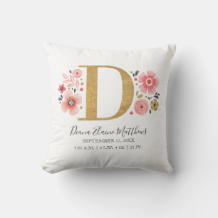 Rosa Blommigt Monogram Första Brev D födelsestatis Kudde