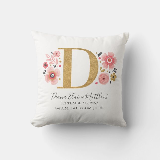 Rosa Blommigt Monogram Första Brev D födelsestatis Kudde (Framsida)
