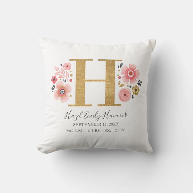Rosa Blommigt Monogram Första Brev H-födelsetalen Kudde (Framsida)