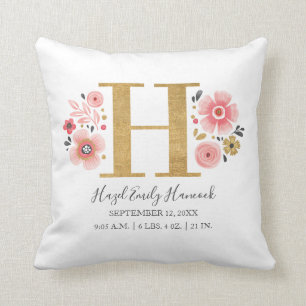 Rosa Blommigt Monogram Första Brev H-födelsetalen Kudde