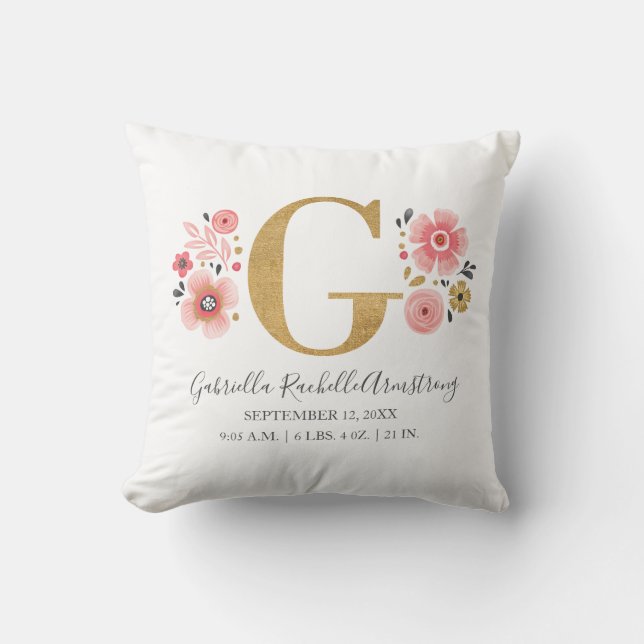 Rosa Blommigt Monogram Inledande Brev G-födelsesta Kudde (Framsida)