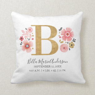 Rosa Blommigt Monogram Inledande födelsestatistik Kudde