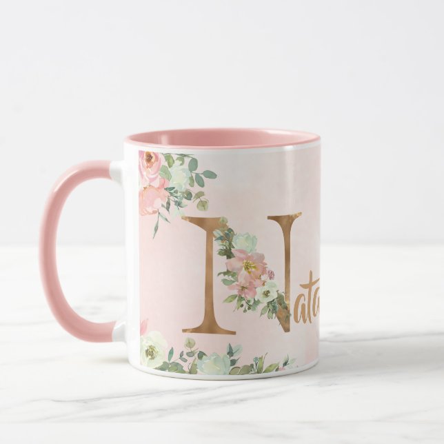 Rosa blommigt monogram N vattenfärg med Namn Mugg (Vänster)