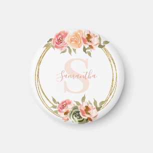 Rosa Blommigt Monogram Namn Magnet