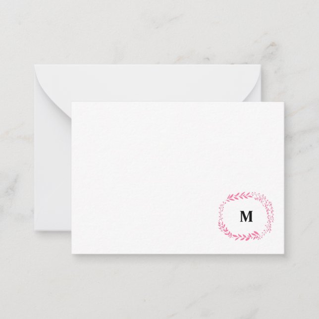 Rosa Blommigt Monogram Note Card Anteckningskort (Framsida)