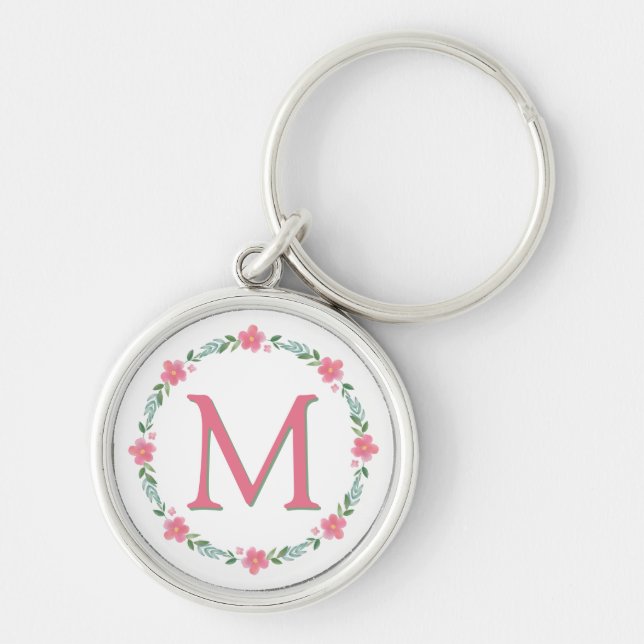Rosa Blommigt, monogram - nyckelkedja Rund Silverfärgad Nyckelring (Framsidan)