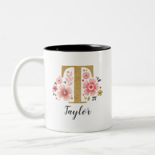 Rosa Blommigt Monogram Två-Tonad Mugg