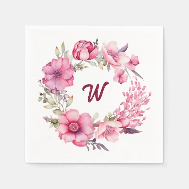 Rosa Blommigt Monogrammed initial Pappersservett (Framsidan)