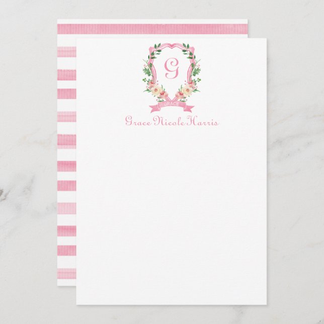 Rosa Blommigt Monogrammed Vapensköld - tackkort Tack Kort (Fram/baksida)
