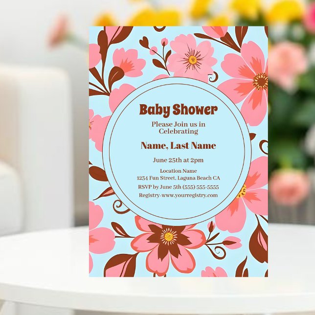 Rosa Blommigt Mood - Pastel Vibes-Retro Flowers Inbjudningar (Pink Floral Mood – Pastel Vibes Invitation-Baby Shower Invitation)