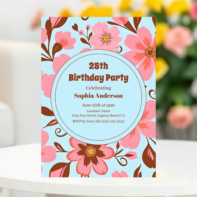 Rosa Blommigt Mood - Pastel Vibes-Retro Flowers Inbjudningar (Pink Floral Mood – Pastel Vibes Invitation-Birthday Party Invitation)