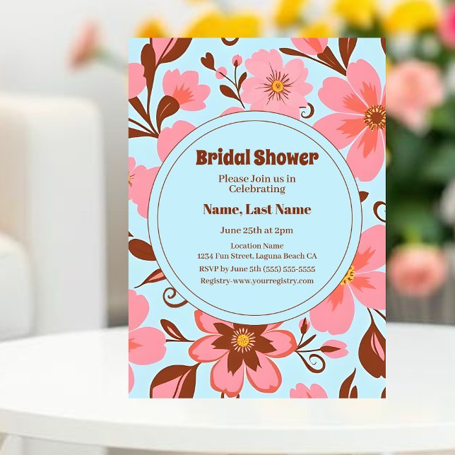 Rosa Blommigt Mood - Pastel Vibes-Retro Flowers Inbjudningar (Pink Floral Mood – Pastel Vibes Invitation-Bridal Shower Invitation)