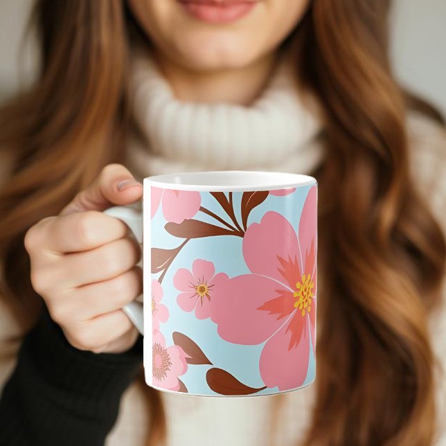 Rosa Blommigt Mood - Pastel Vibes-Retro Flowers Kaffemugg (Pink Floral Mood –Pastel Vibes- Coffee Mug)