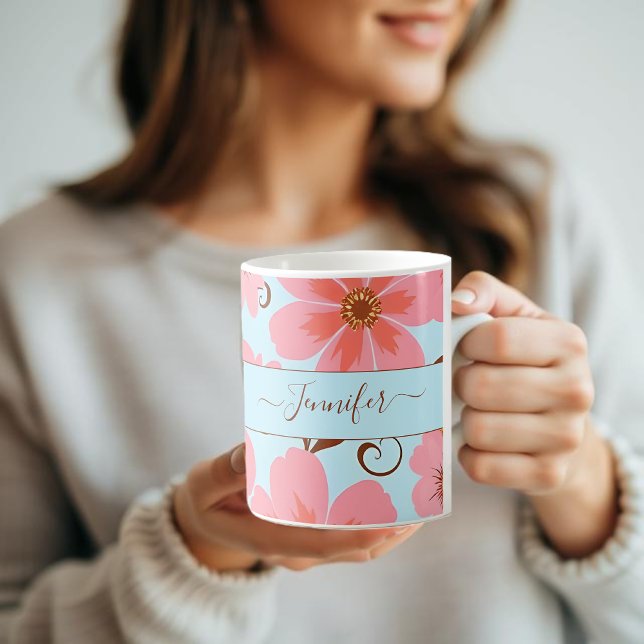 Rosa Blommigt Mood - Pastel Vibes-Retro Flowers Kaffemugg (Pink Floral Mood –Pastel Vibes- Coffee Mug)