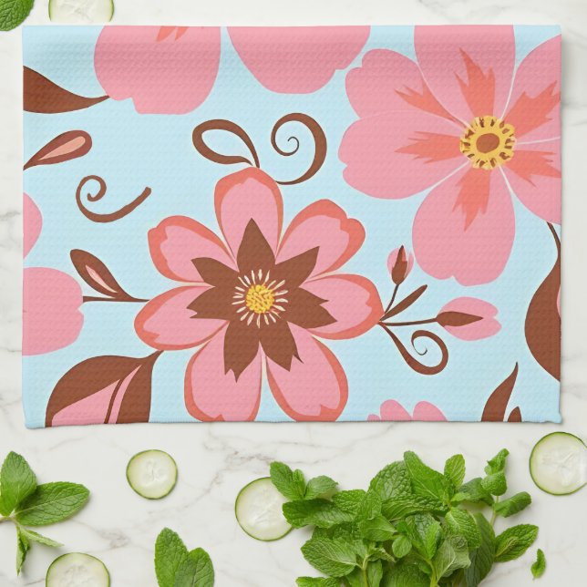 Rosa Blommigt Mood - Pastel Vibes-Retro Flowers Kökshandduk (Vikta)