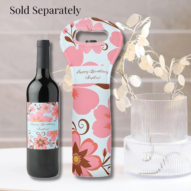 Rosa Blommigt Mood - Pastel Vibes-Retro Flowers Vinflaska Etikett (Pink Floral Mood –Pastel Vibes Wine Bag and Bottle Label)