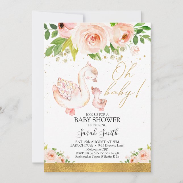 Rosa Blommigt Mor Anka Duckling Baby Shower Inbjudningar (Framsida)