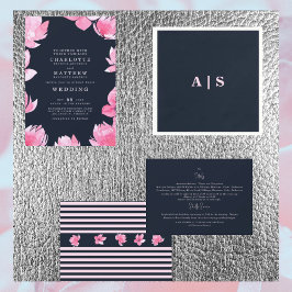 Rosa Blommigt & Mörk Navy Watercolor Bröllop Inbjudningar