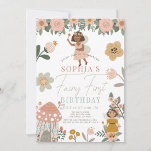 Rosa Blommigt Mörk Skin Fairy Första födelsedag Inbjudningar