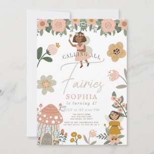 Rosa Blommigt Mörk Skin Fairy Girl Birday Inbjudningar