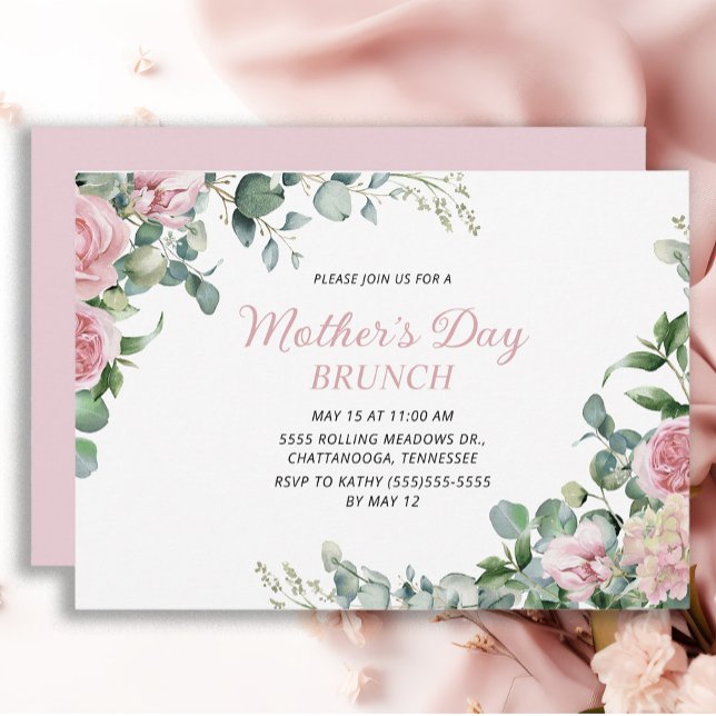 Rosa Blommigt Mors dag Brunch Inbjudningar (Pink roses Mother's Day Brunch invitation)