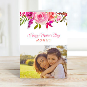Rosa Blommigt Mors dag-fotokort för Mamma Kort