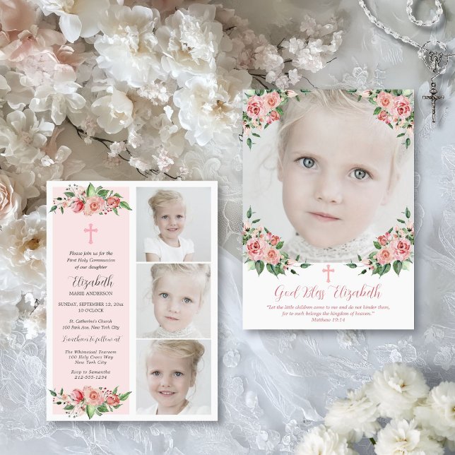 Rosa Blommigt Multifoto First Communion för flicko Inbjudningar (First Holy Communion invitation for little girls with photo collage and keepsake backer)
