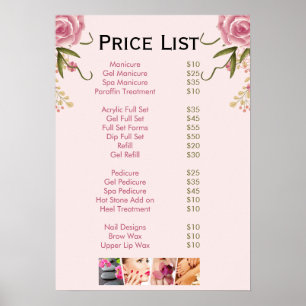 Rosa blommigt Nail Salon Pris List-meny Poster