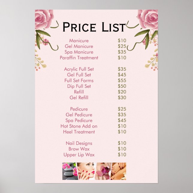 Rosa blommigt Nail Salon Pris List-meny Poster (Framsidan)
