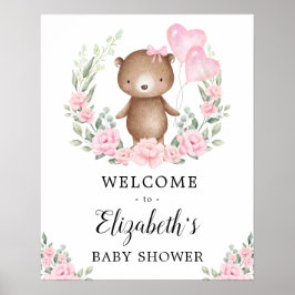 Rosa Blommigt Nalle Baby Shower Välkommen Poster