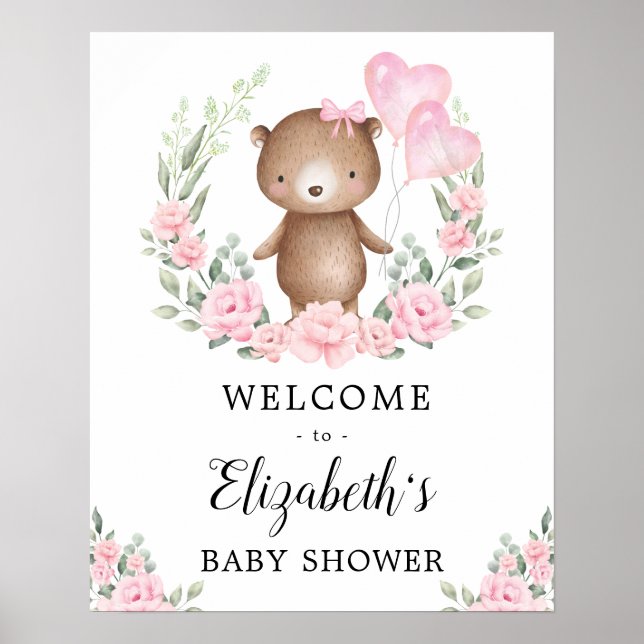 Rosa Blommigt Nalle Baby Shower Välkommen Poster (Framsidan)