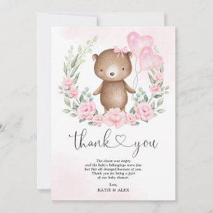 Rosa Blommigt Nalle Balloons Flicka Shower Tack Kort