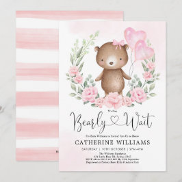 Rosa Blommigt Nalle Balloons Girl Baby Shower Inbjudningar