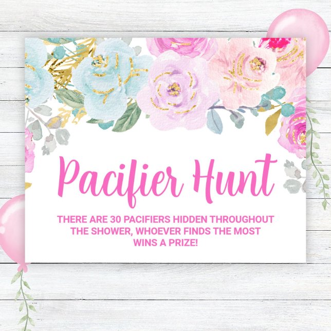Rosa Blommigt Nappar Hunt Baby Shower Game Sign Poster (Skapare uppladdad)