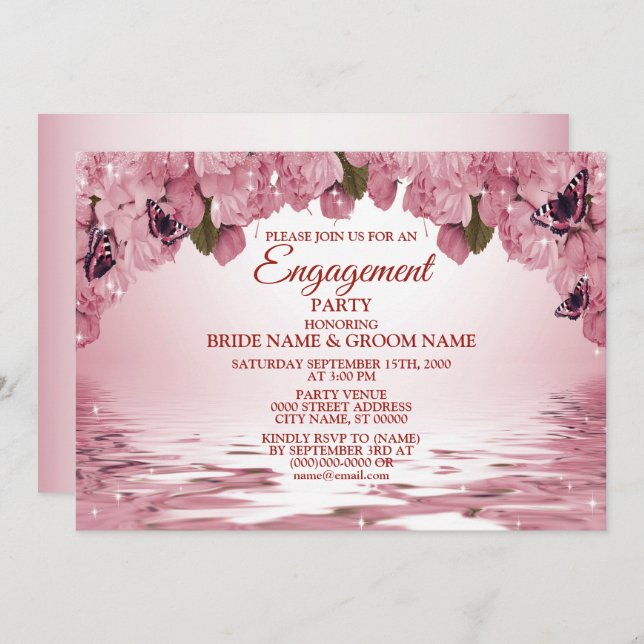 Rosa Blommigt Nature Butterfly Förlovningsfest Inbjudningar (Fram/baksida)