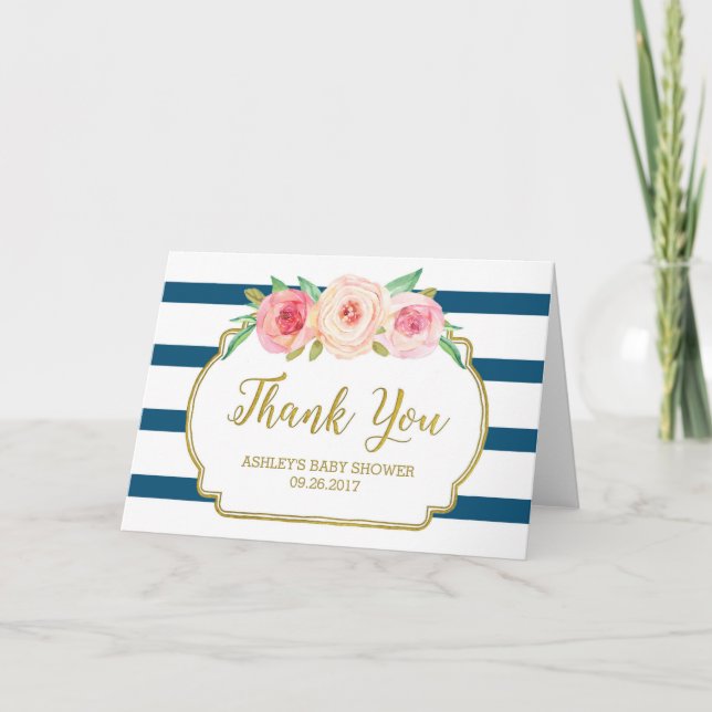 Rosa Blommigt Navy Rand Baby Shower Tack Kort (Framsida)
