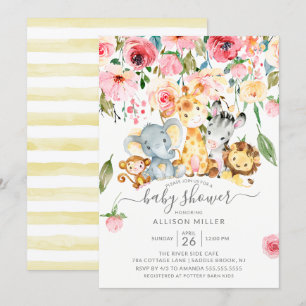 Rosa Blommigt Neutralt Safari Animals Baby Shower Inbjudningar