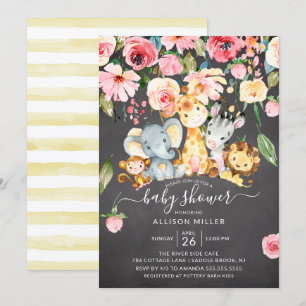 Rosa Blommigt Neutralt Safari Animals Baby Shower Inbjudningar