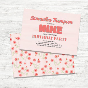 Rosa Blommigt Nionde födelsedagstjuvmallen Party Inbjudningar
