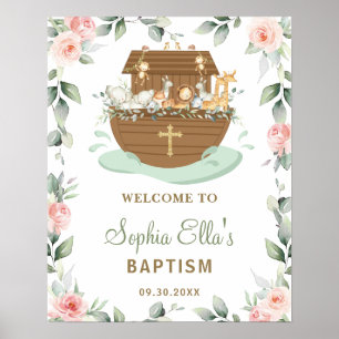 Rosa Blommigt Noahs Ark Girl Girl Baptism Välkomme Poster