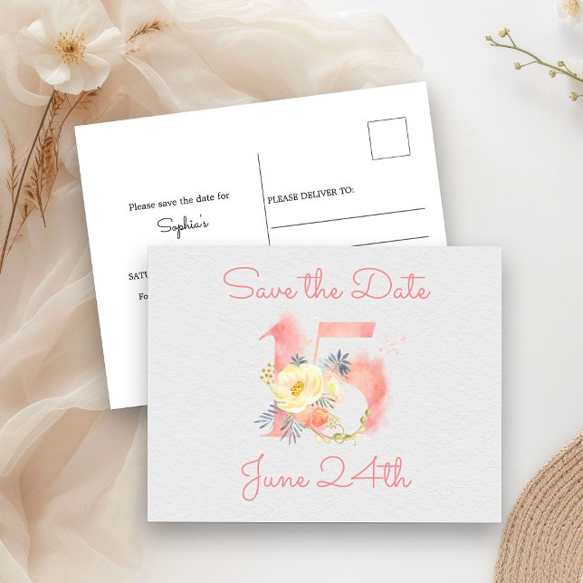  Rosa Blommigt nummer 15 Spara datum Meddelande Vykort (Save the Date postcard from my Blush Pink Number 15 Quinceanera collection
)