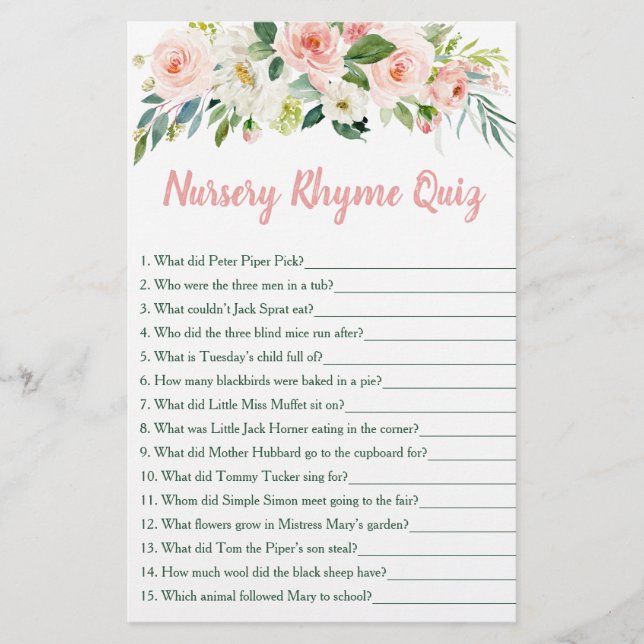  Rosa Blommigt Nursery Rhyme Baby Shower Game (Framsida)