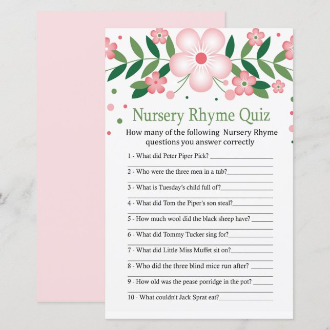 Rosa Blommigt Nursery Rhyme Quiz babyduschspel (Fram/baksida)