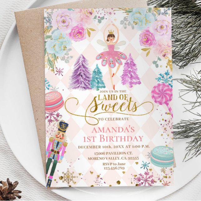 Rosa Blommigt Nutcracker Land Sweets Birthday Inbjudningar (Skapare uppladdad)
