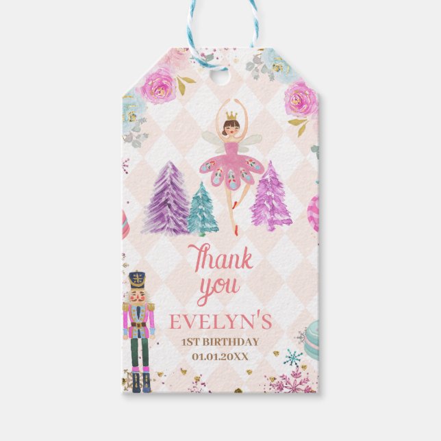 Rosa Blommigt Nutcracker Land Sweets Birthday Presentetikett (Framsidan)